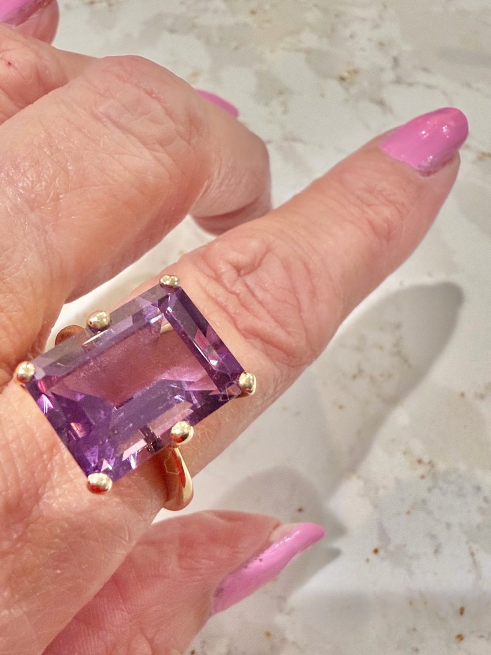 Vintage 14K Gold Plated Emerald Cut Purple Statement Ring – Size 9 - Picture 2 of 12